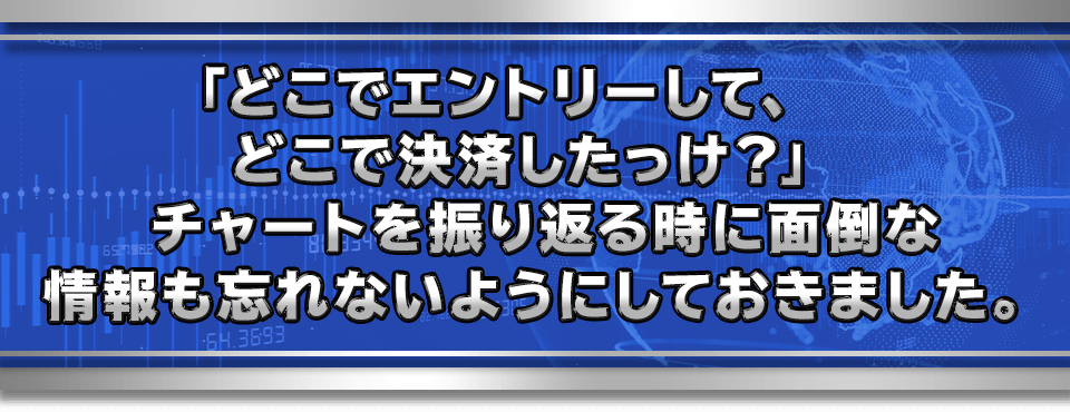 「どこでエントリーして、どこで決済したっけ？」
　チャートを振り返る時に面倒な情報も忘れないようにしておきました。